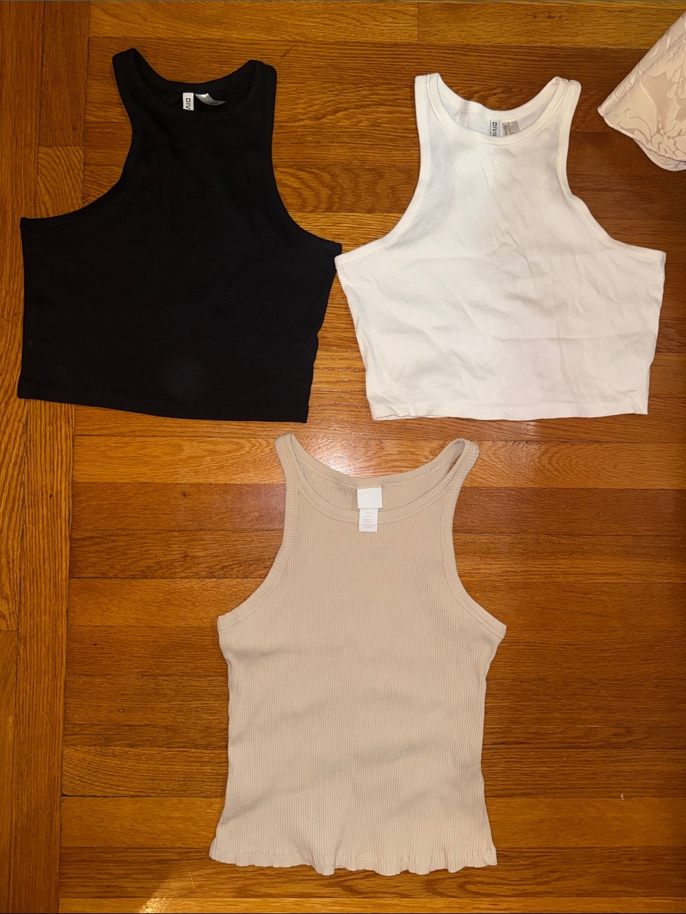 H&M Ribbed Crop Tank Trio — Black, White & Beige